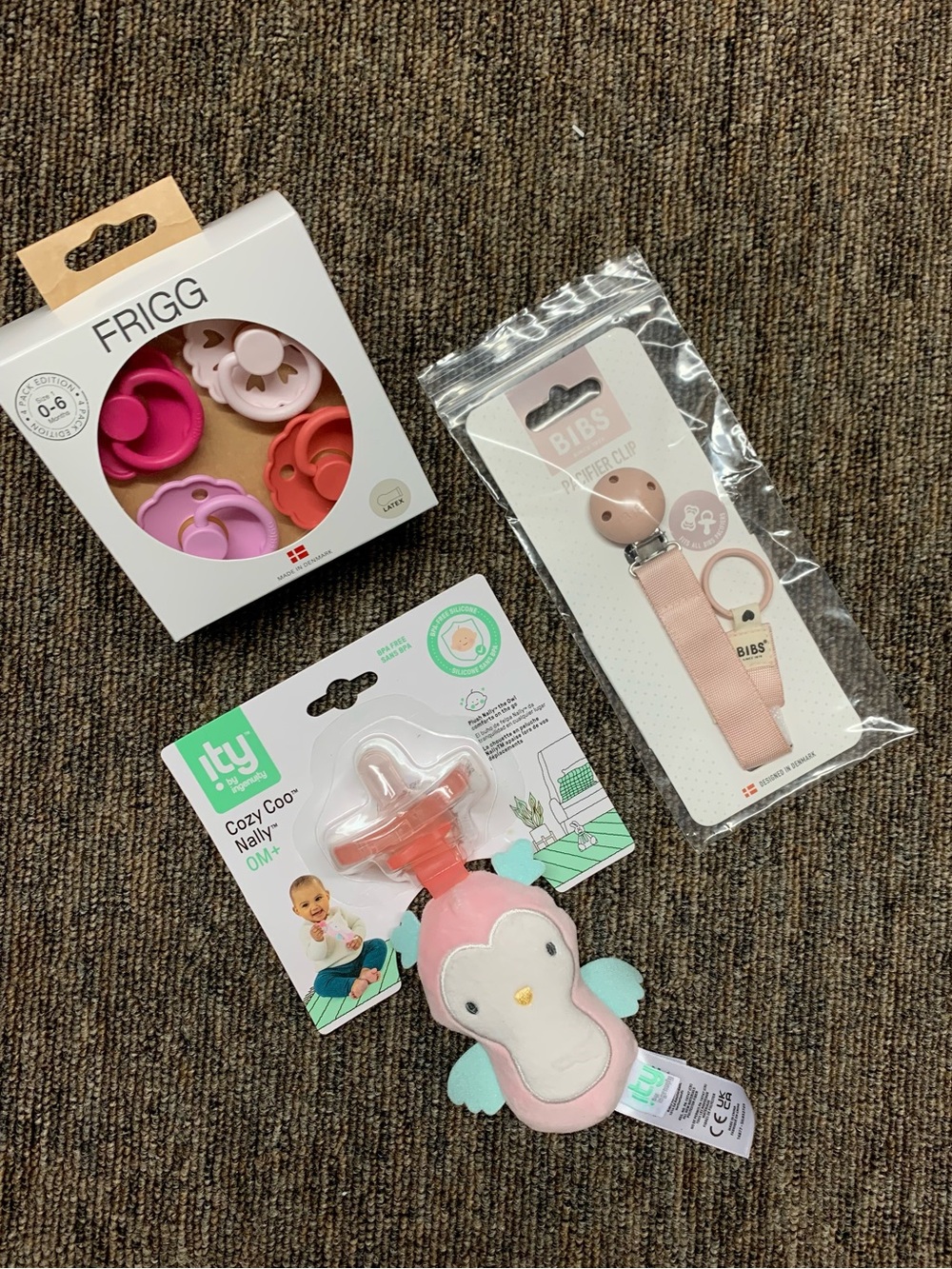 FRIGG Pink Baby Pacifier Set & BIBS Blush Pacifier Clip with Pink Soother